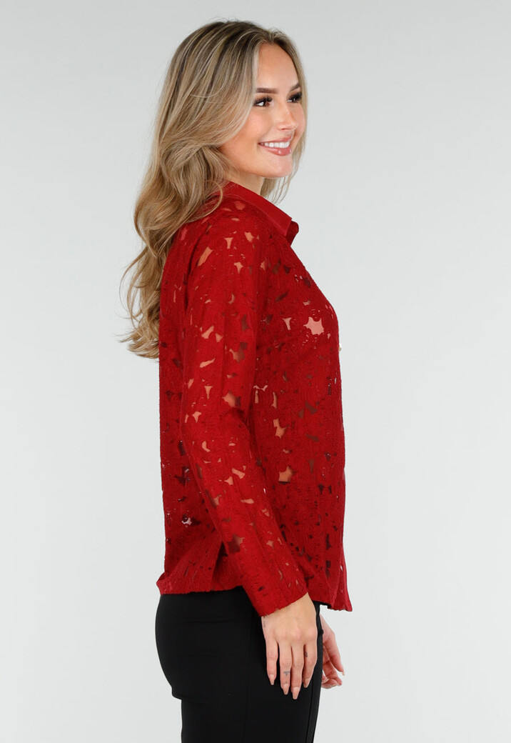 Rode Kanten Blouse met Knoopsluiting en Lange Mouwen