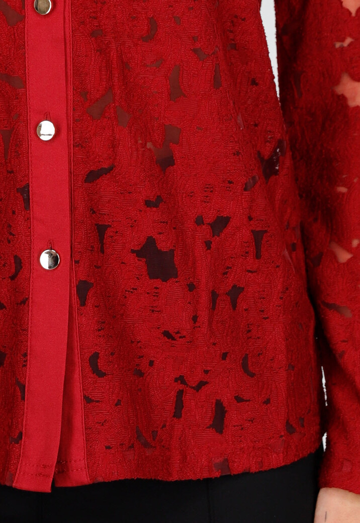 Rode Kanten Blouse met Knoopsluiting en Lange Mouwen