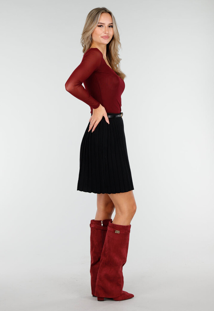 Bordeauxrode Mesh Top met Vierkante Halslijn