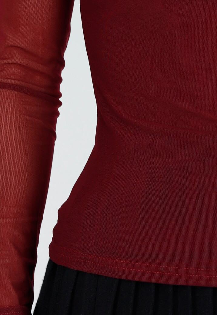 Bordeauxrode Mesh Top met Vierkante Halslijn