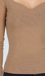 Camelkleurige Top met Lange Mouwen en Diepe Halslijn