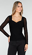 Zwarte Top met Mesh Mouwen en Hartvormige Halslijn