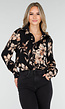 Zwarte Blouse met Beige Bloemenprint en Lange Mouwen