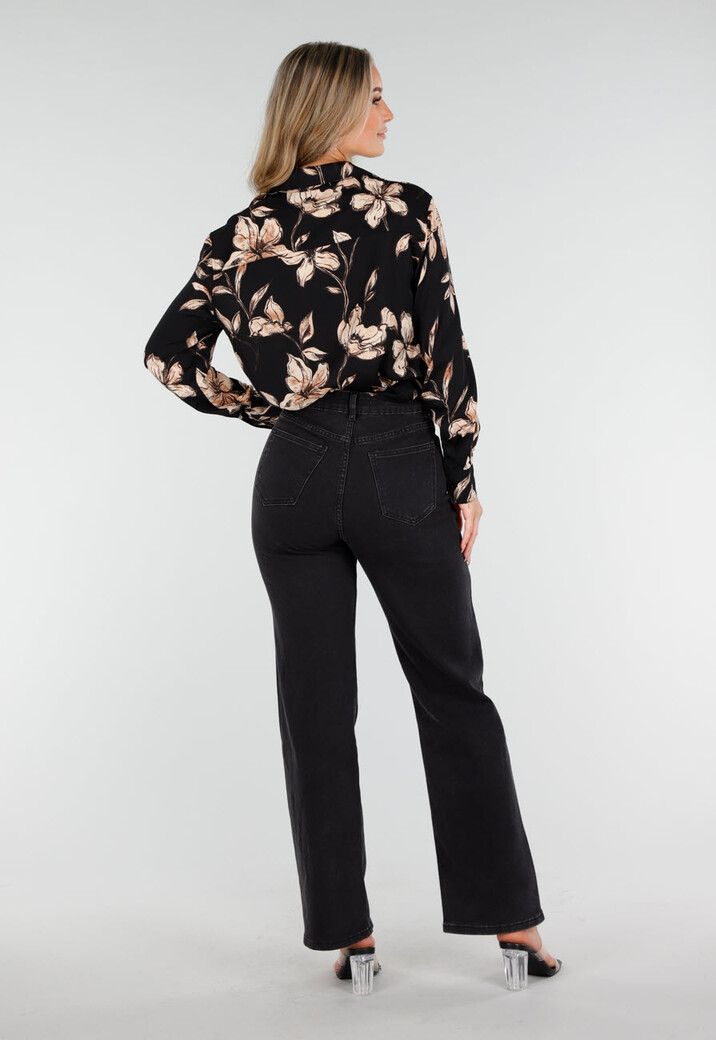 Zwarte Blouse met Beige Bloemenprint en Lange Mouwen