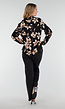Zwarte Blouse met Beige Bloemenprint en Lange Mouwen
