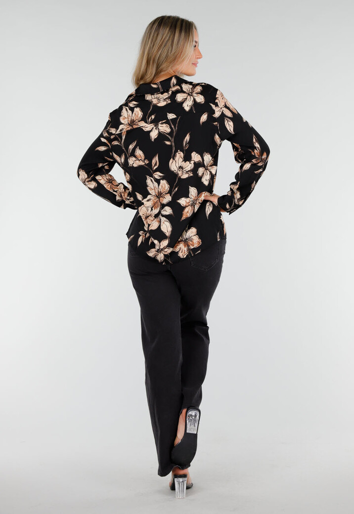 Zwarte Blouse met Beige Bloemenprint en Lange Mouwen