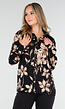Zwarte Blouse met Beige Bloemenprint en Lange Mouwen
