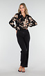 Zwarte Blouse met Beige Bloemenprint en Lange Mouwen