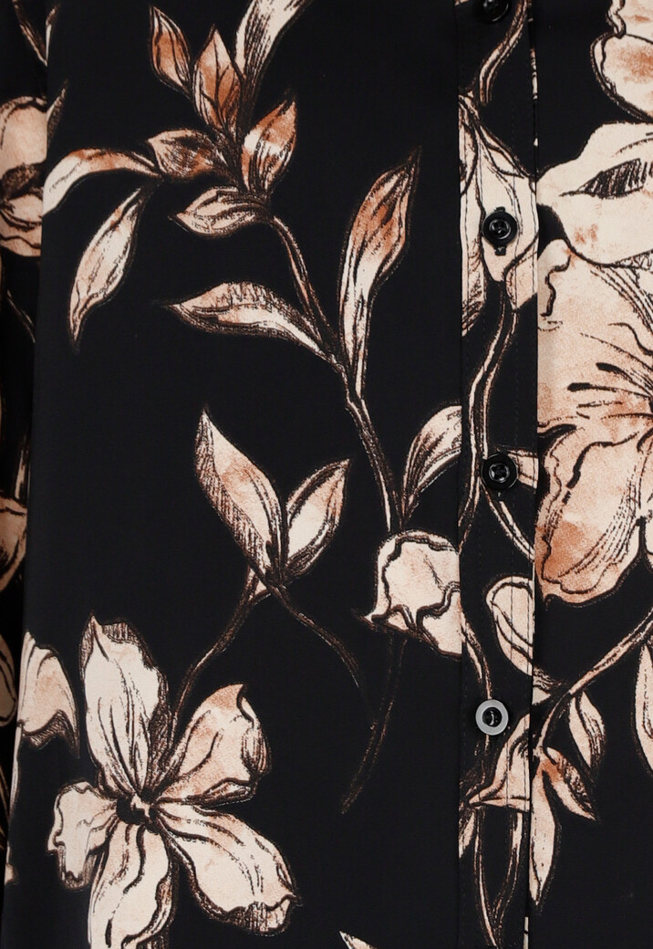 Zwarte Blouse met Beige Bloemenprint en Lange Mouwen