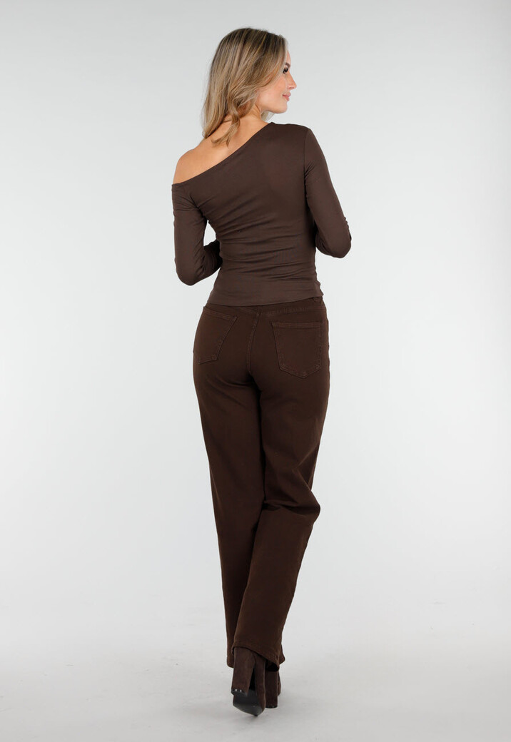 Bruine One Shoulder Top met Lange Mouwen