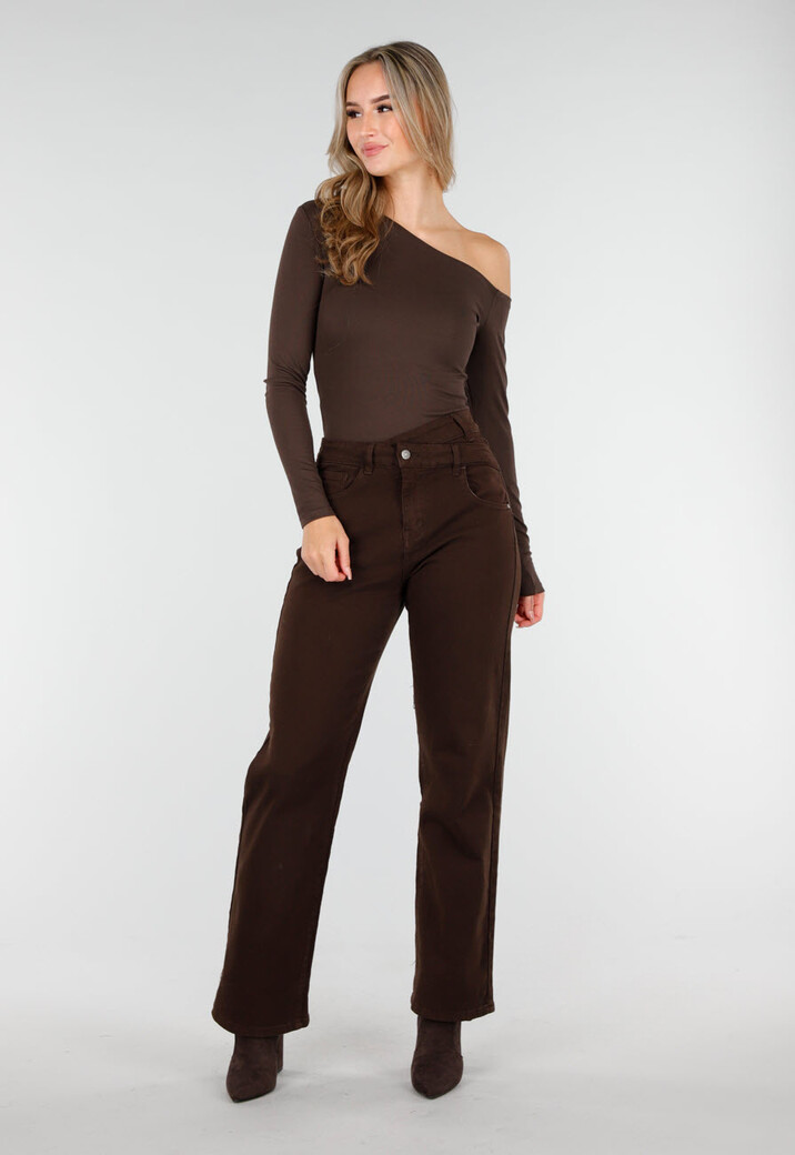 Bruine One Shoulder Top met Lange Mouwen