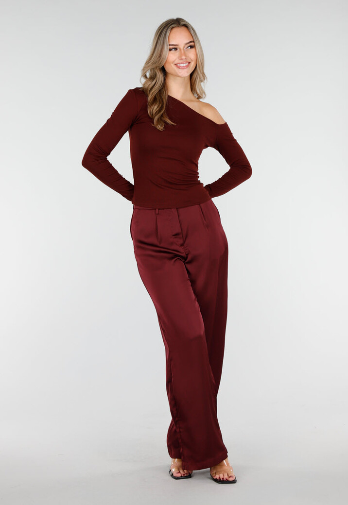 Bordeauxrode One Shoulder Top met Lange Mouwen
