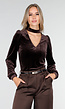 Bruine Velours Top met Cut-Out Halslijn en Lange Mouwen