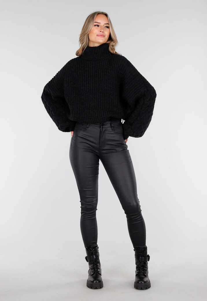 Zwarte Gebreide Coltrui met Kabelmouwen