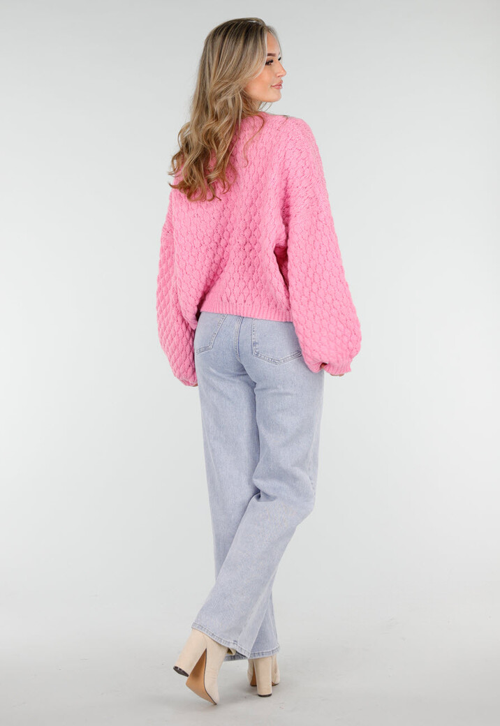 Roze Gebreide Trui met Rode Hartjes en Wijde Mouwen