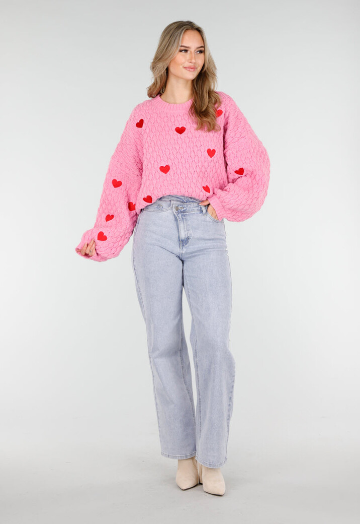 Roze Gebreide Trui met Rode Hartjes en Wijde Mouwen