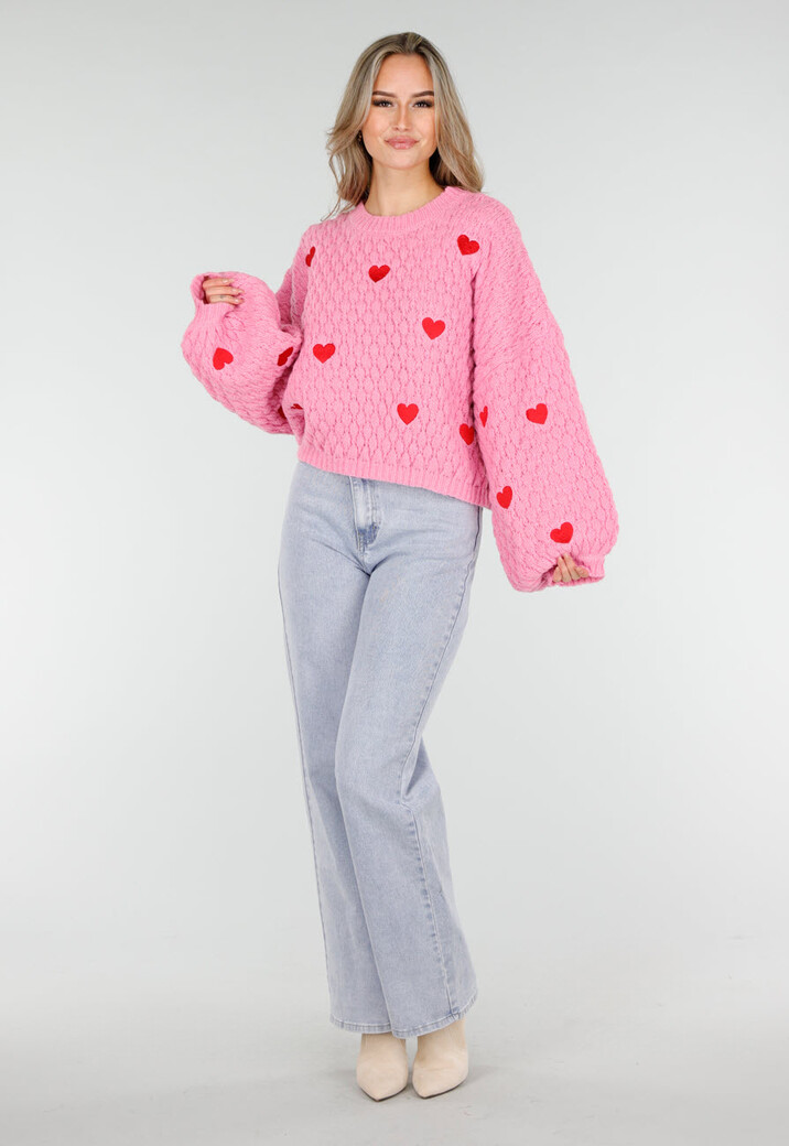 Roze Gebreide Trui met Rode Hartjes en Wijde Mouwen