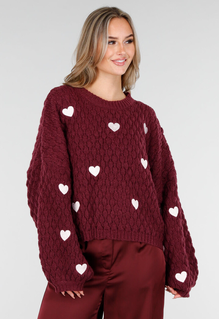 Bordeauxrode Gebreide Trui met Hartjesprint