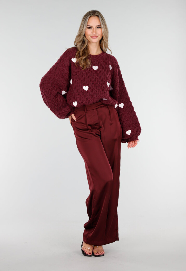 Bordeauxrode Gebreide Trui met Hartjesprint