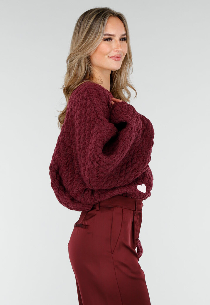 Bordeauxrode Gebreide Trui met Hartjesprint