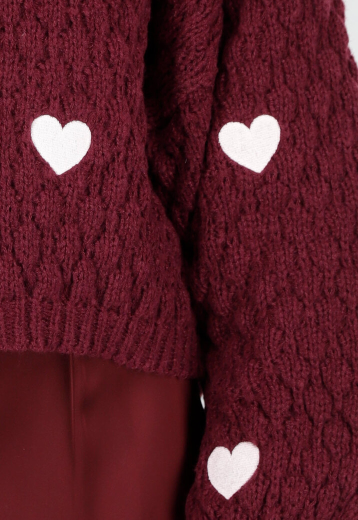 Bordeauxrode Gebreide Trui met Hartjesprint
