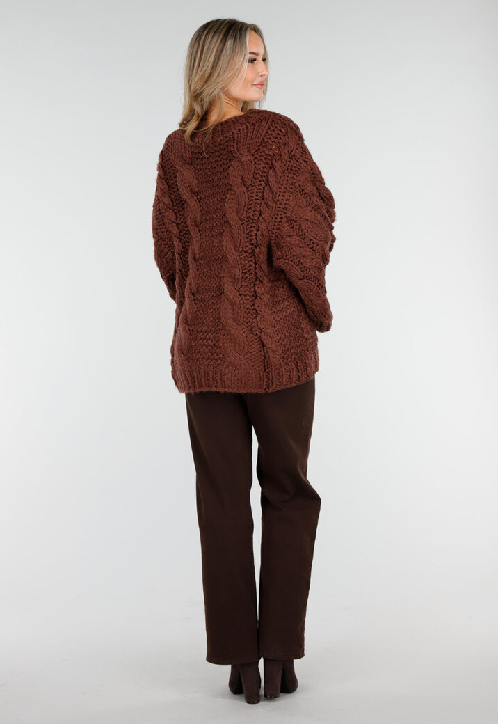 Bruine Gebreide Trui met Kabelpatroon en Wijde Mouwen