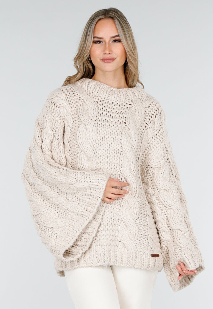 Beige Oversized Kabeltrui met Wijde Mouwen