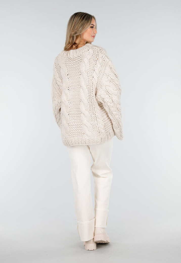 Beige Oversized Kabeltrui met Wijde Mouwen