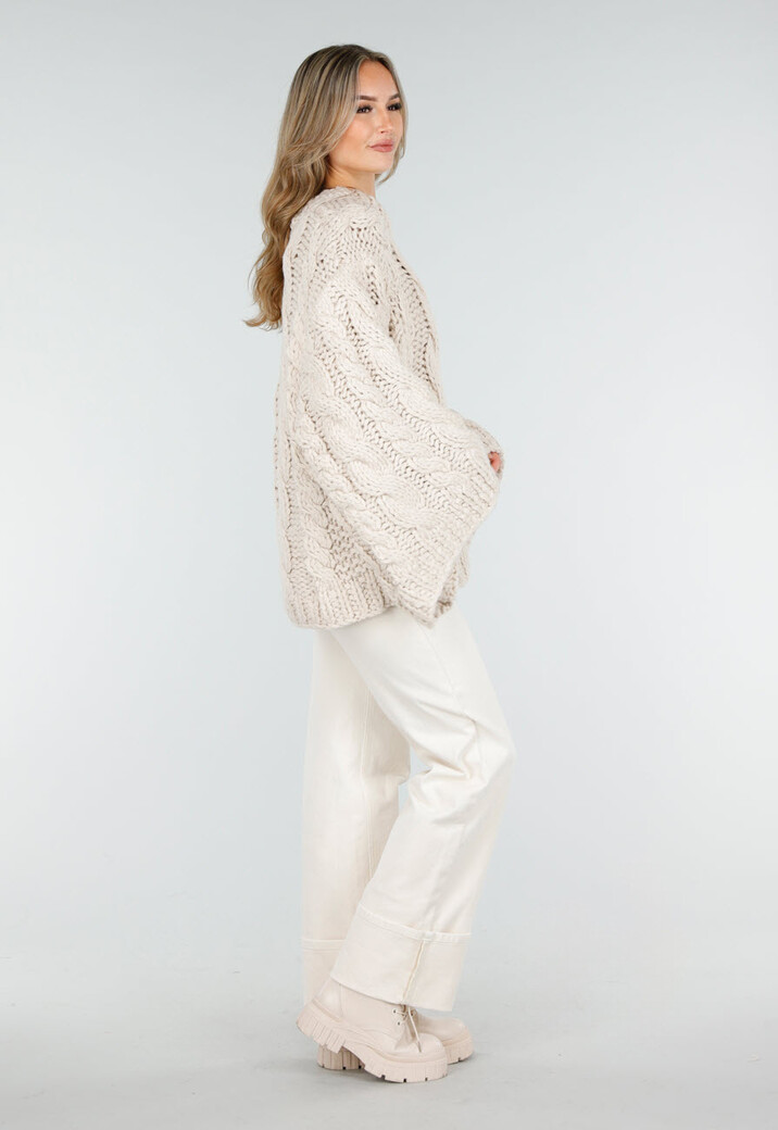 Beige Oversized Kabeltrui met Wijde Mouwen