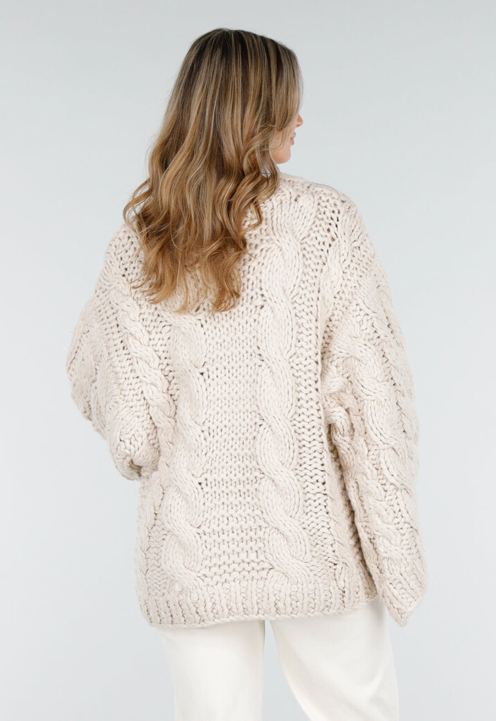 Beige Oversized Kabeltrui met Wijde Mouwen