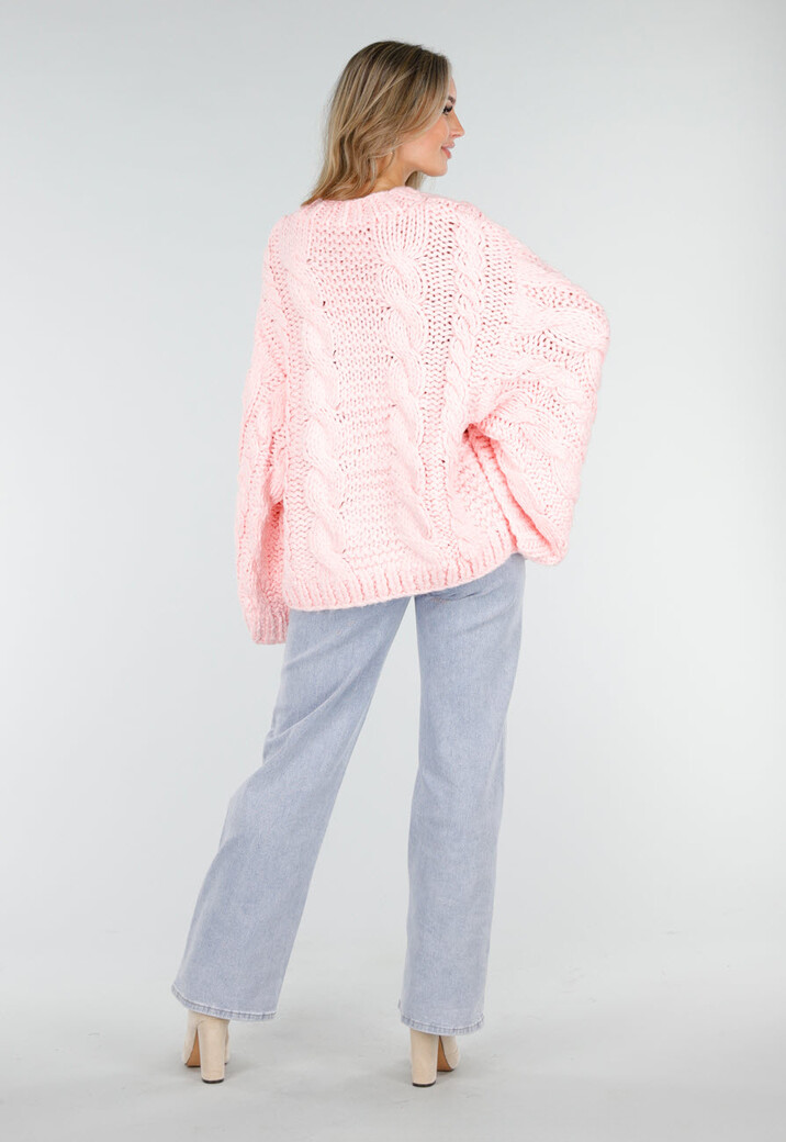 Roze Gebreide Trui met Kabelpatroon en Wijde Mouwen