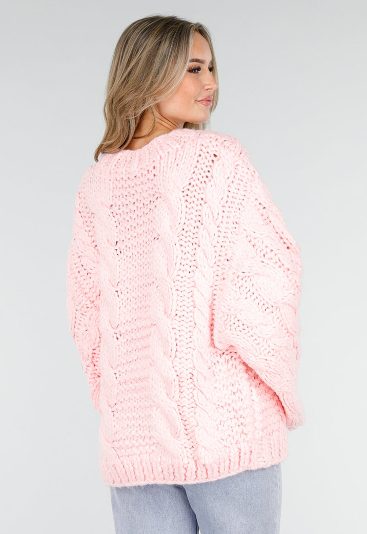 Roze Gebreide Trui met Kabelpatroon en Wijde Mouwen
