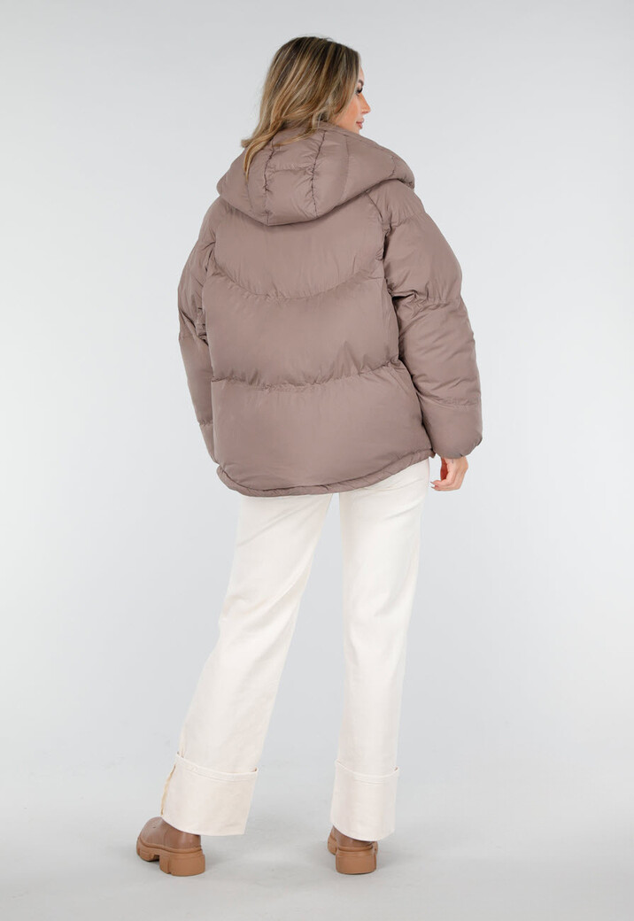 Taupe Pufferjas met Capuchon en Rits