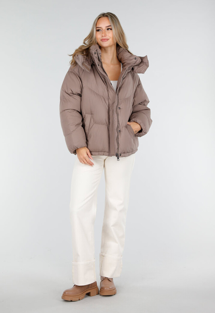 Taupe Pufferjas met Capuchon en Rits