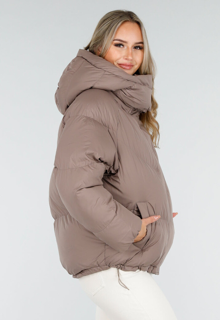 Taupe Pufferjas met Capuchon en Rits
