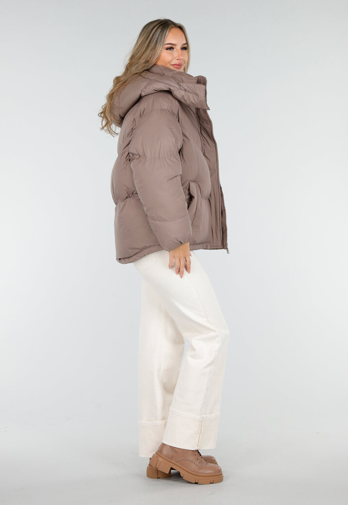 Taupe Pufferjas met Capuchon en Rits