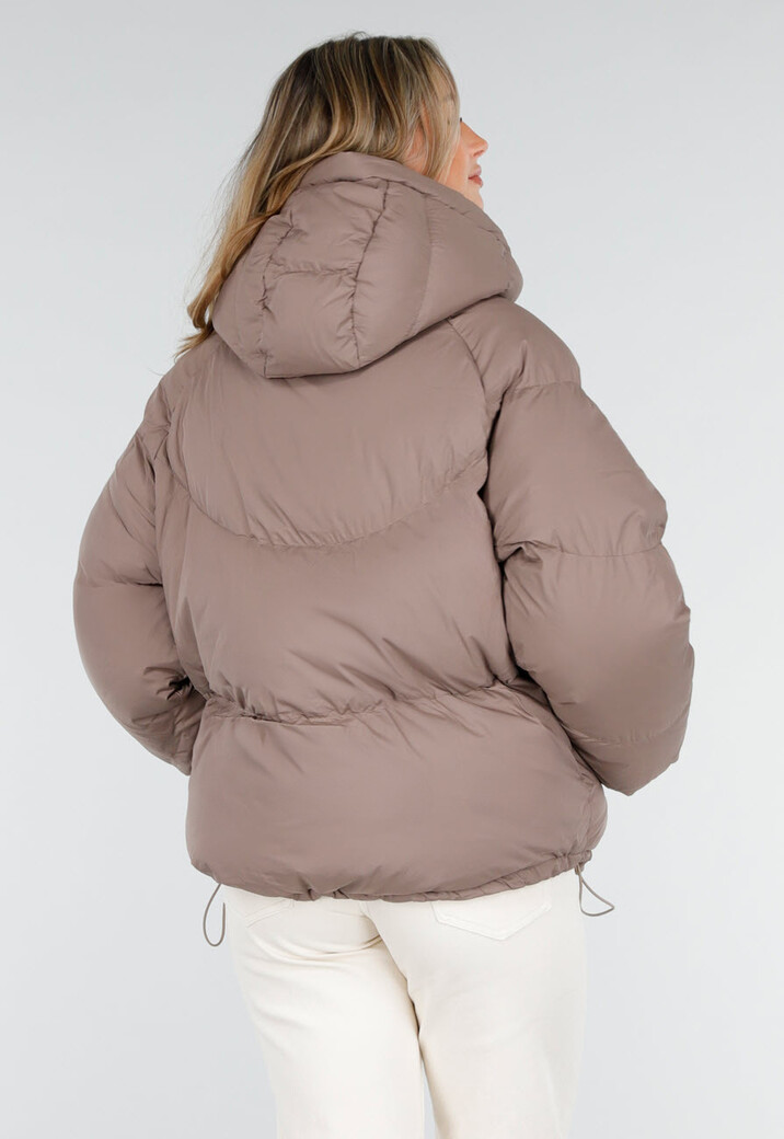 Taupe Pufferjas met Capuchon en Rits