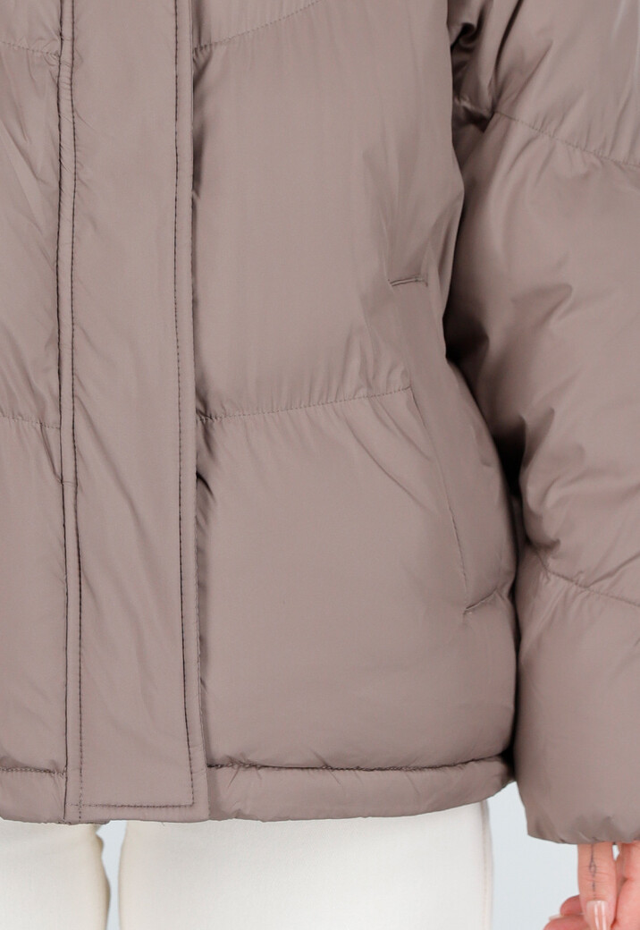 Taupe Pufferjas met Capuchon en Rits
