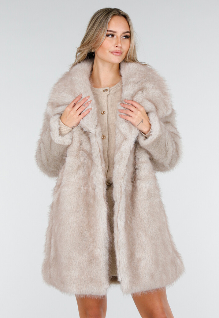 Beige Bontjas Jas met Grote Kraag en Steekzakken