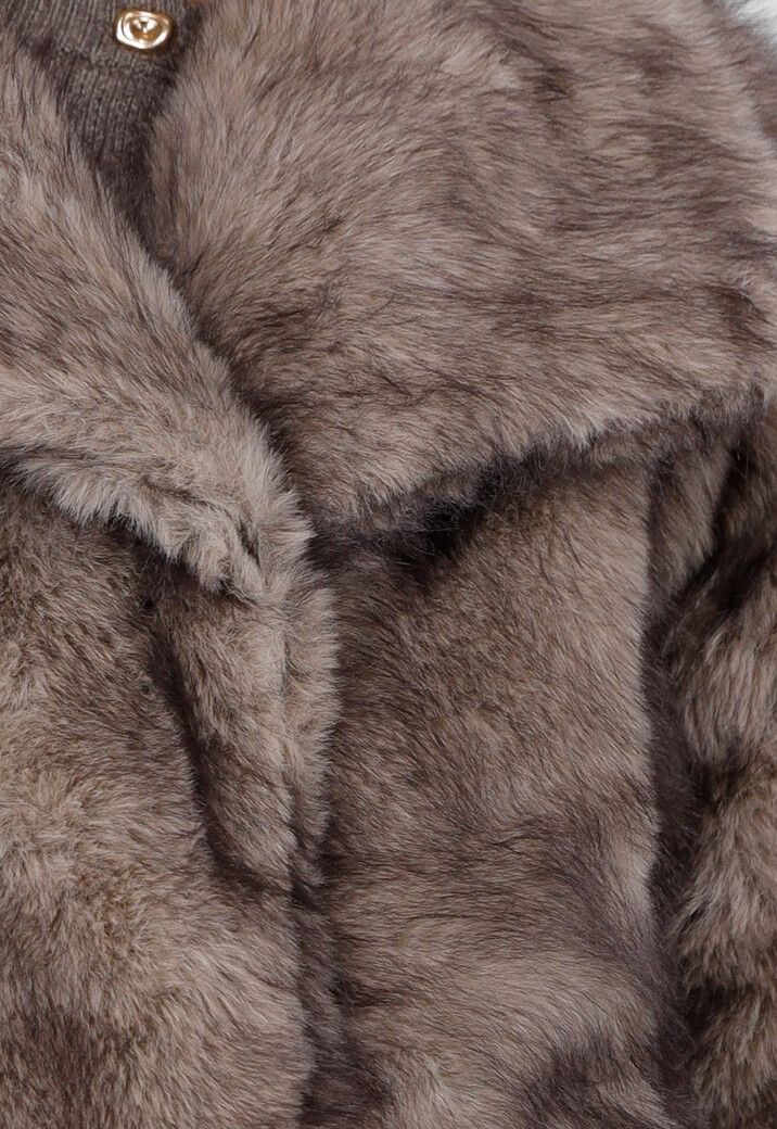 Taupe Faux Fur Jas met Oversized Kraag en Rechte Pasvorm