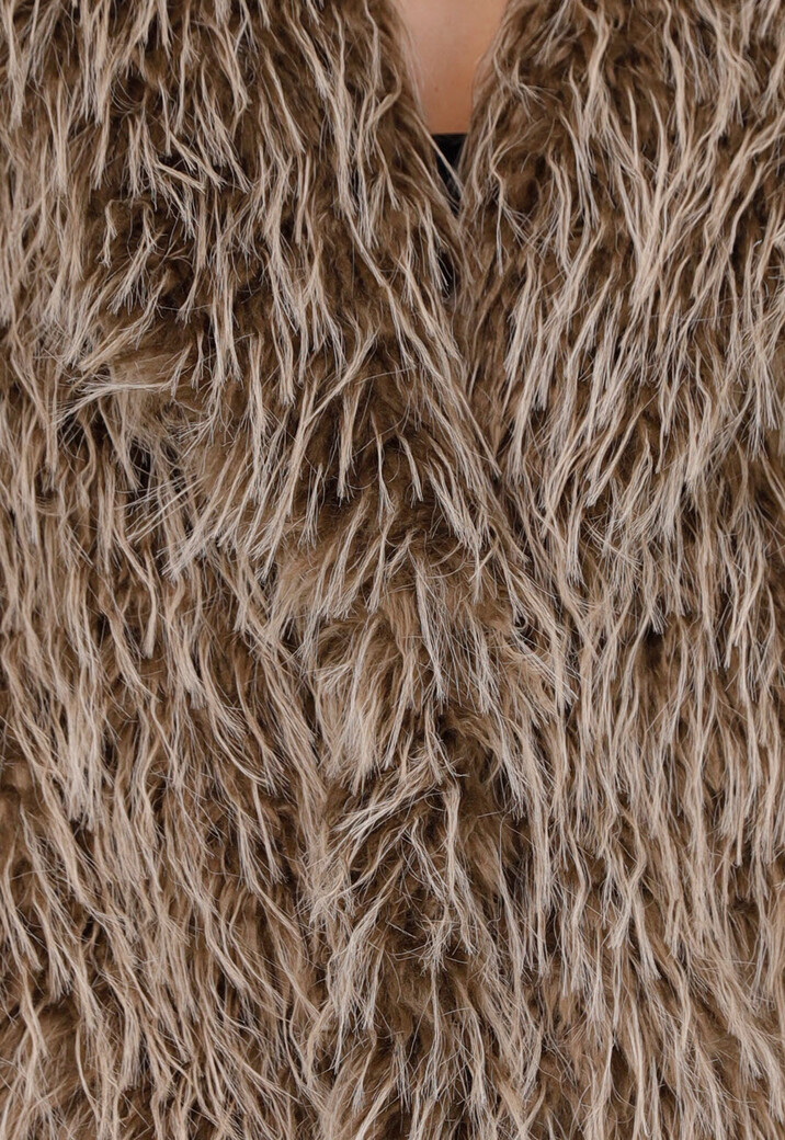 Bruine Fluffy Jas met Lange Haren en Losvallende Pasvorm