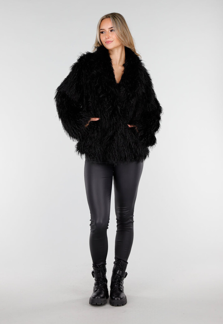 Zwarte Faux Fur Jas met Langharige Textuur