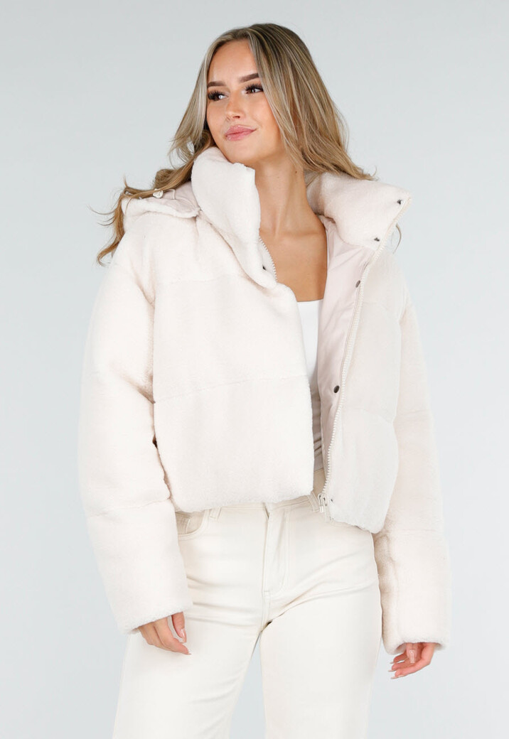 Witte Teddy Pufferjas met Capuchon en Hoge Kraag