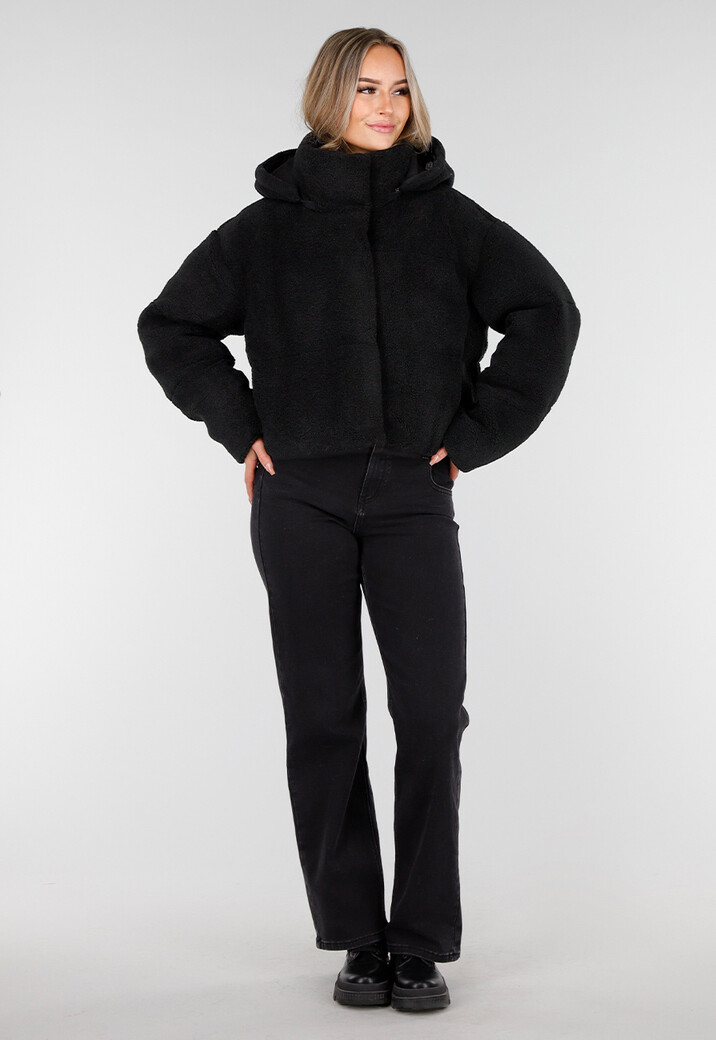 Zwarte Teddy Jas met Capuchon en Ritsluiting