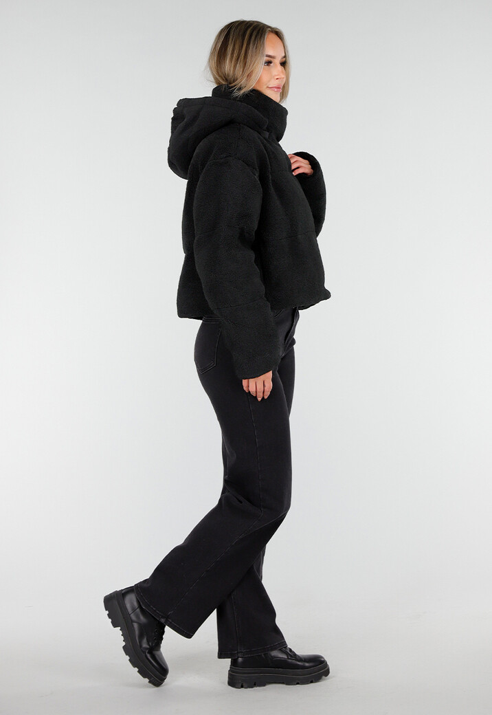 Zwarte Teddy Jas met Capuchon en Ritsluiting