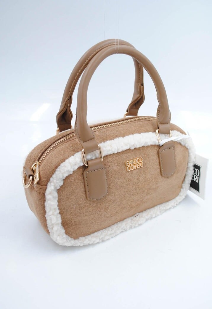 Beige Suède Handtas met Bontafwerking en Lang Schouderhengsel