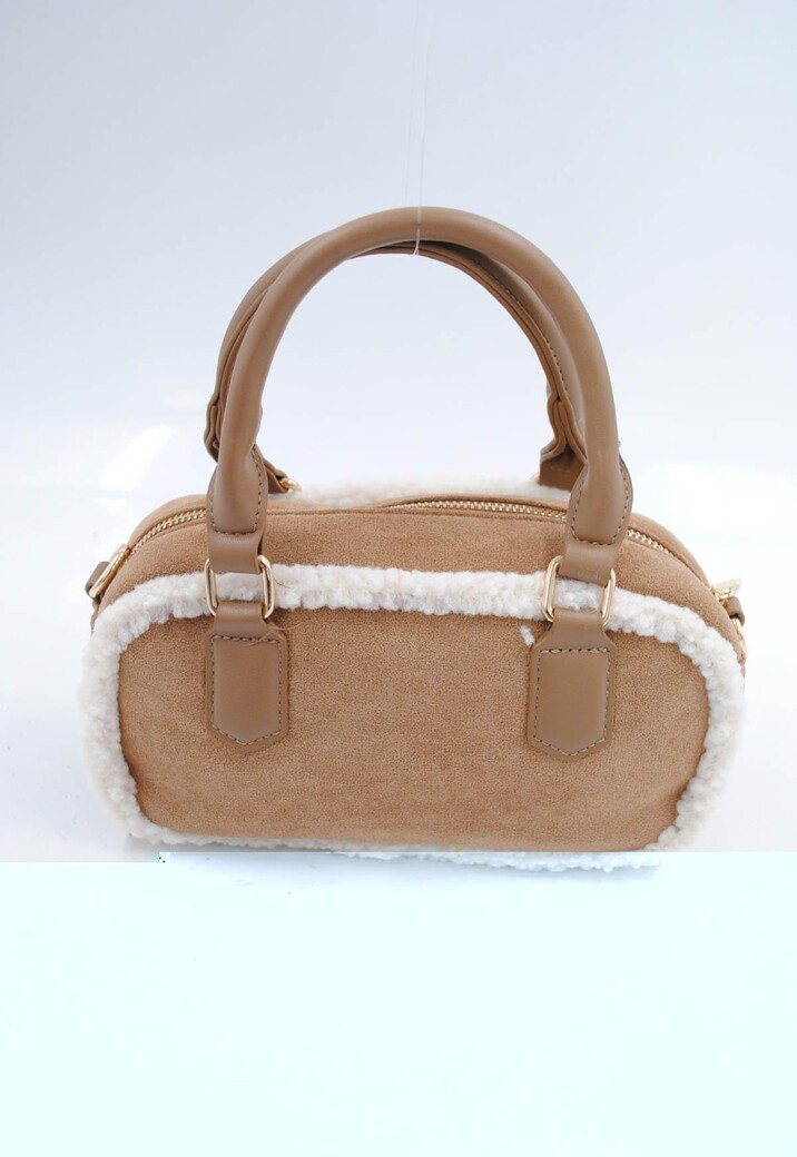 Beige Suède Handtas met Bontafwerking en Lang Schouderhengsel