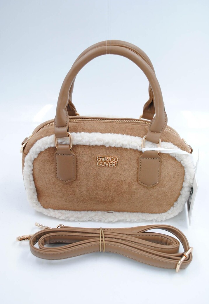 Beige Suède Handtas met Bontafwerking en Lang Schouderhengsel