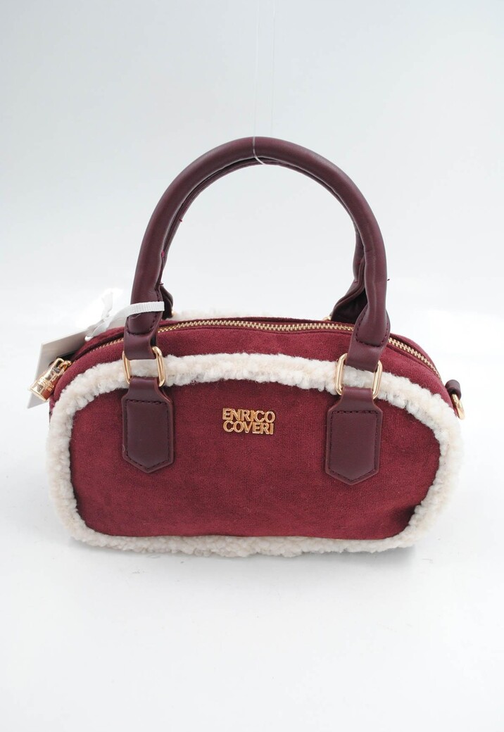 Rode Suède Handtas met Witte Bontafwerking en Lang Schouderhengsel