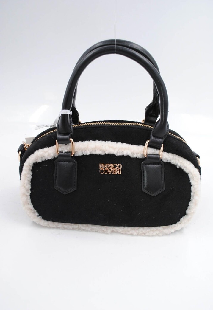 Zwarte Suède Handtas met Witte Bontafwerking en Lang Schouderhengsel